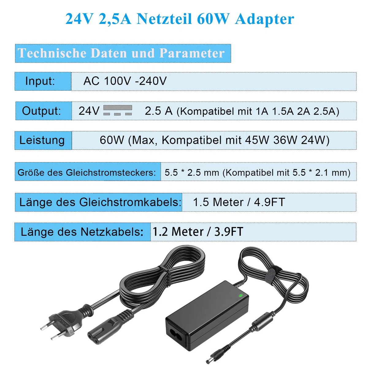 24V Fuente de alimentación 2.5A AC DC Transformador Adaptador de Corriente, cámara CCTV Compatible 24Volt 2Amp 1.5A 1A, Impresora, Monitor LCD LED.