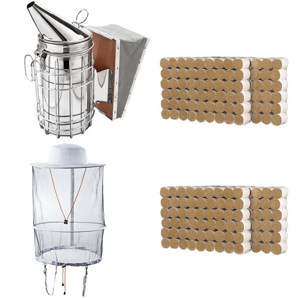 Kit de Apicultura,Kit Herramientas apiculturas,ahumador Apicultura,Bee Hive Fumador,ahumador de Acero Grande,Velo de Apicultura de Poli-algodón con Sombrero Redondo