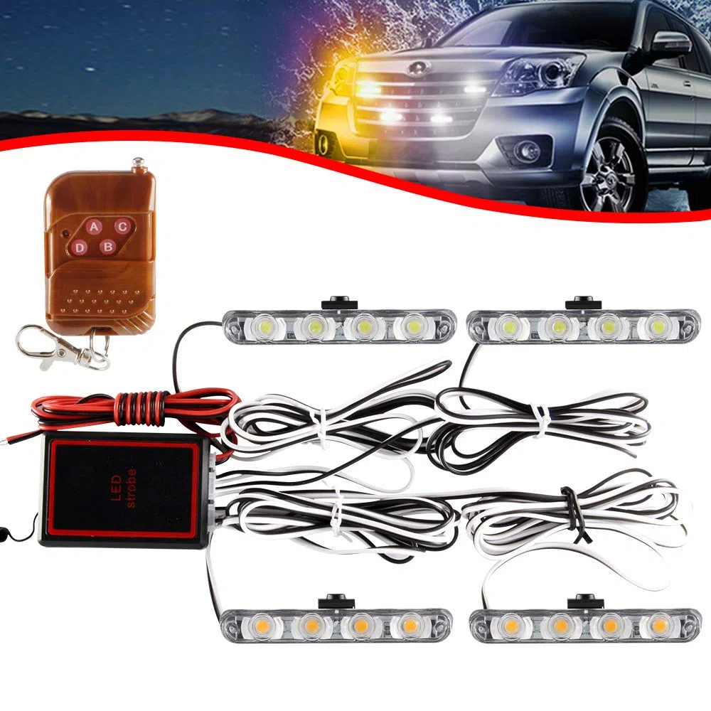4x4 LED 4 en 1 Remoto Inalámbrico Luz de Advertencia Estroboscópica DC12V Intermitente de Emergencia Lámpara de Baliza Advertencia Estroboscópica Luz Externa de Emergencia（Blanco y Ámbar）