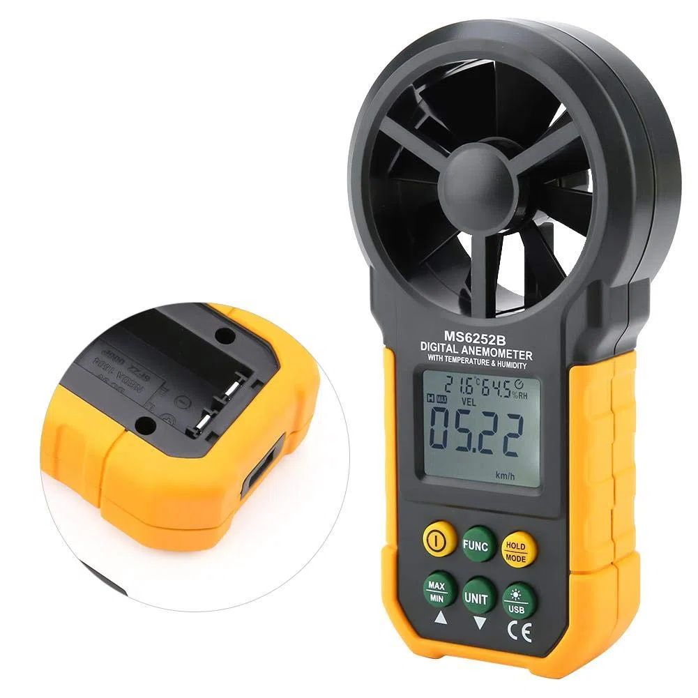 Anemómetro digital, PM6252B Velocidad de viento de mano LCD Luz de fondo LCD Medidor de volumen de aire Medidor de velocidad de viento Medidor de temperatura de humedad Medidor de temperatur