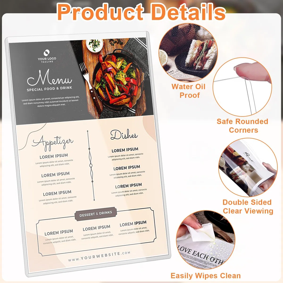 Paquete de 20 fundas de menú A4 de una sola página, doble vista, fundas de menú de PVC transparente, carga superior para restaurantes, bares, cafeterías, escuela en casa