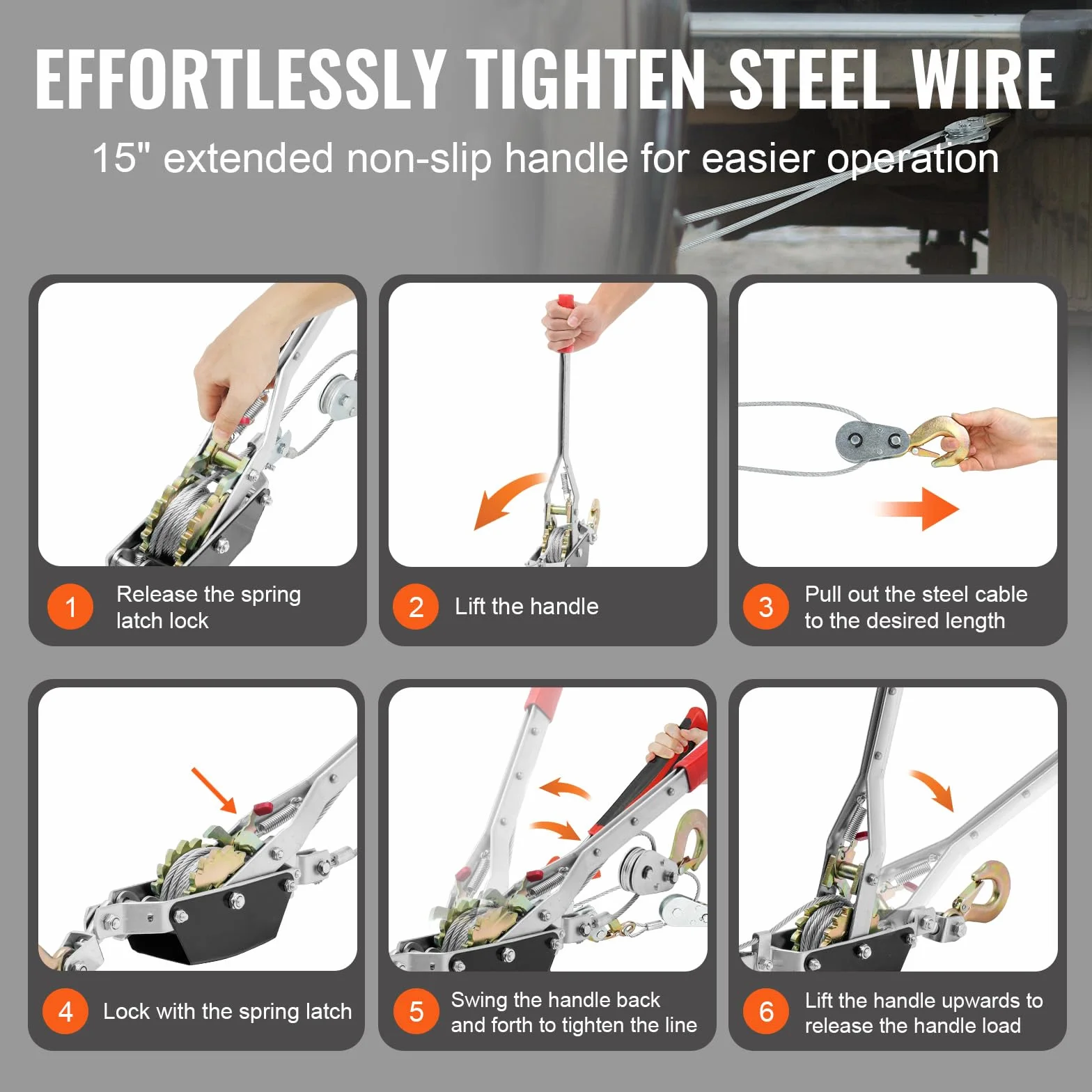 VEVOR Cabrestante de Tracción Capacidad de Tracción de 2 T Cable de Acero de 3,7 m 2 Ganchos Herramienta Extractora de Trinquete Extractor de Cable de Elevación Ideal para Rescate de Vehículos