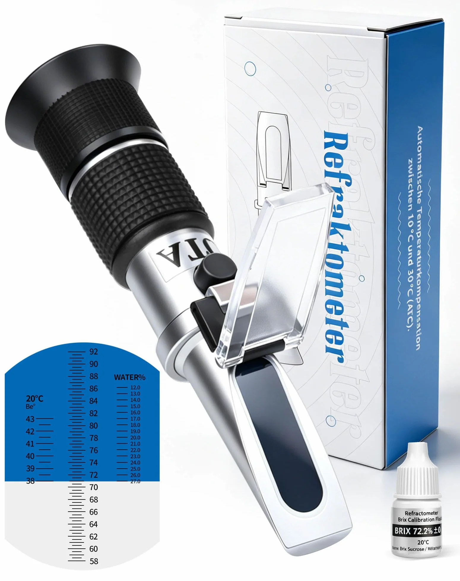 LAOYE 3en1 Refractómetro Miel Humedad 12-27% Brix 58-92% Baumé 38-43 °Bé con ATC y calibración Control Humedad Miel Evita Fermentación Apicultura refractometro para Apicultura, jarabes, melazas