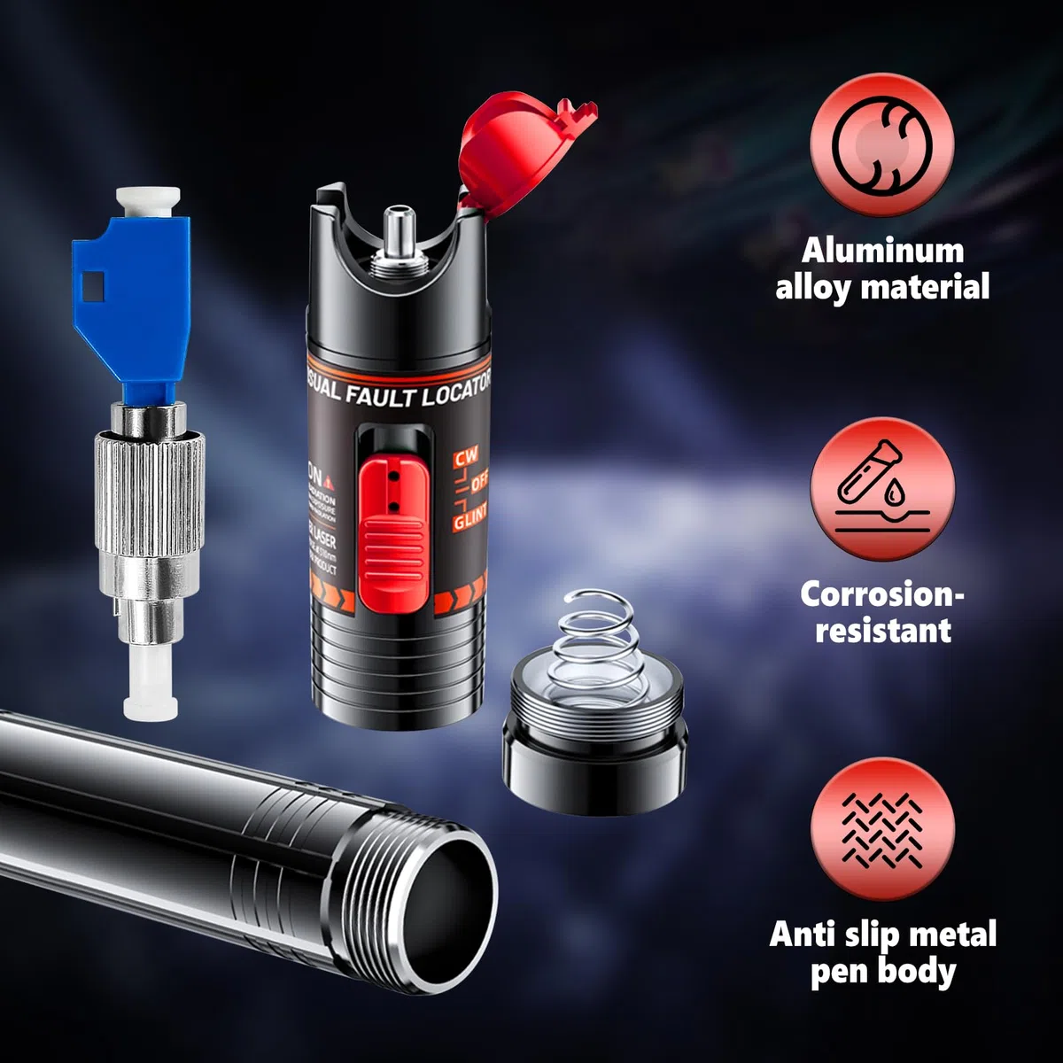 Detector de fallos de 100 km, medidor de cable de fibra óptica recargable con adaptador FC macho a LC hembra de 2,5 mm, 650 nm de fibra óptica, prueba de fuentes luminosas para comunicación óptica y