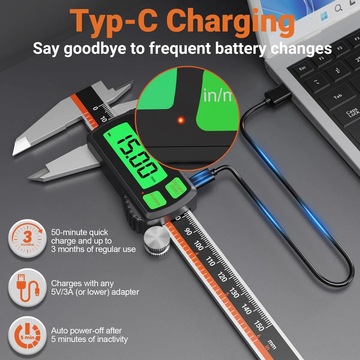 Calibre Digital Recargable Pantalla TáCtil,Calibrador Digital ElectróNico de PrecisióN 150mm/6pulgadas,Pie De Rey Digital De Apagado AutomáTico,Pie de Rey ElectróNico con Pantalla LCD