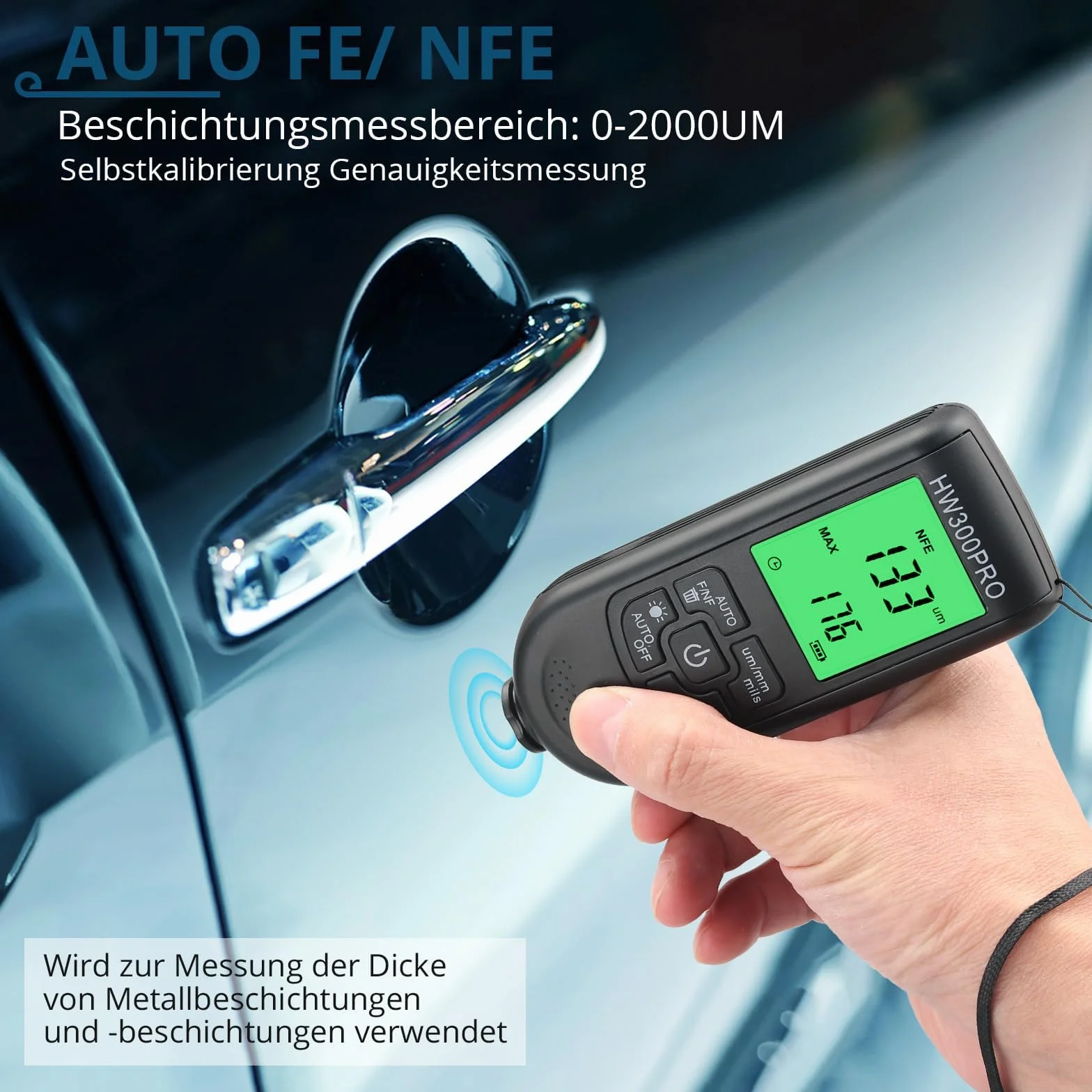 Medidor Espesor Pintura Coche, Medidor De Espesor De Pintura, Con Pantalla LCD, Fe & NF μm/mm/mils 0-2000μm Medidor de Pintura Automático, Max/Min/Avg para Pintura Fabricación Talleres Coches