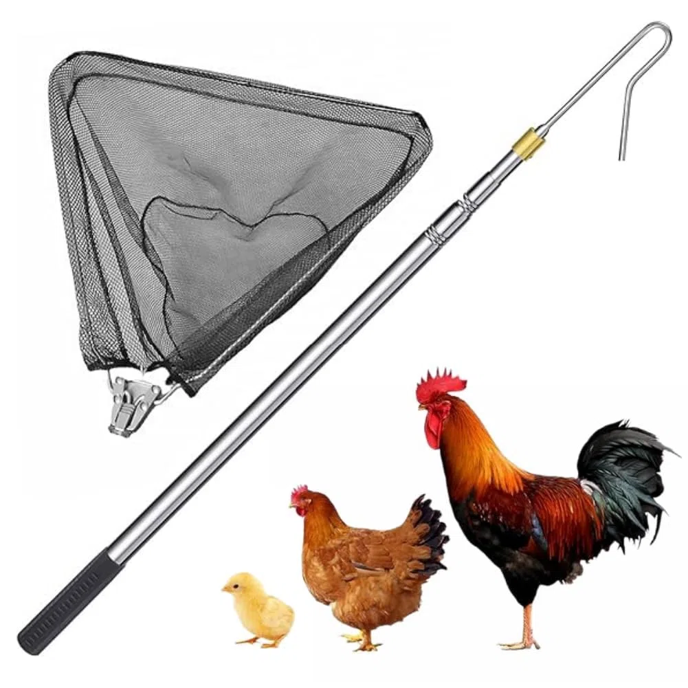 Juego de ganchos retráctiles y red de pesca (2 en 1), ganchos para aves de corral de acero inoxidable, para aves de corral, pollo, pavo, ganso, patos, pájaros, animales pequeños y peces