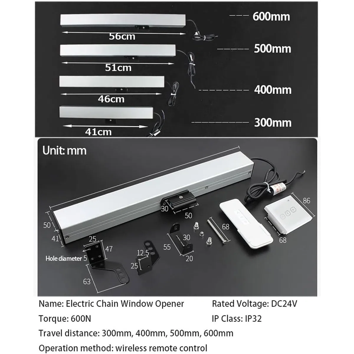 Actuador eléctrico para abrir ventanas, cadena de 24 V, control remoto, ideal para tragaluces y rejillas de ventilación, longitud de carrera ajustable de 300 mm a 800 mm