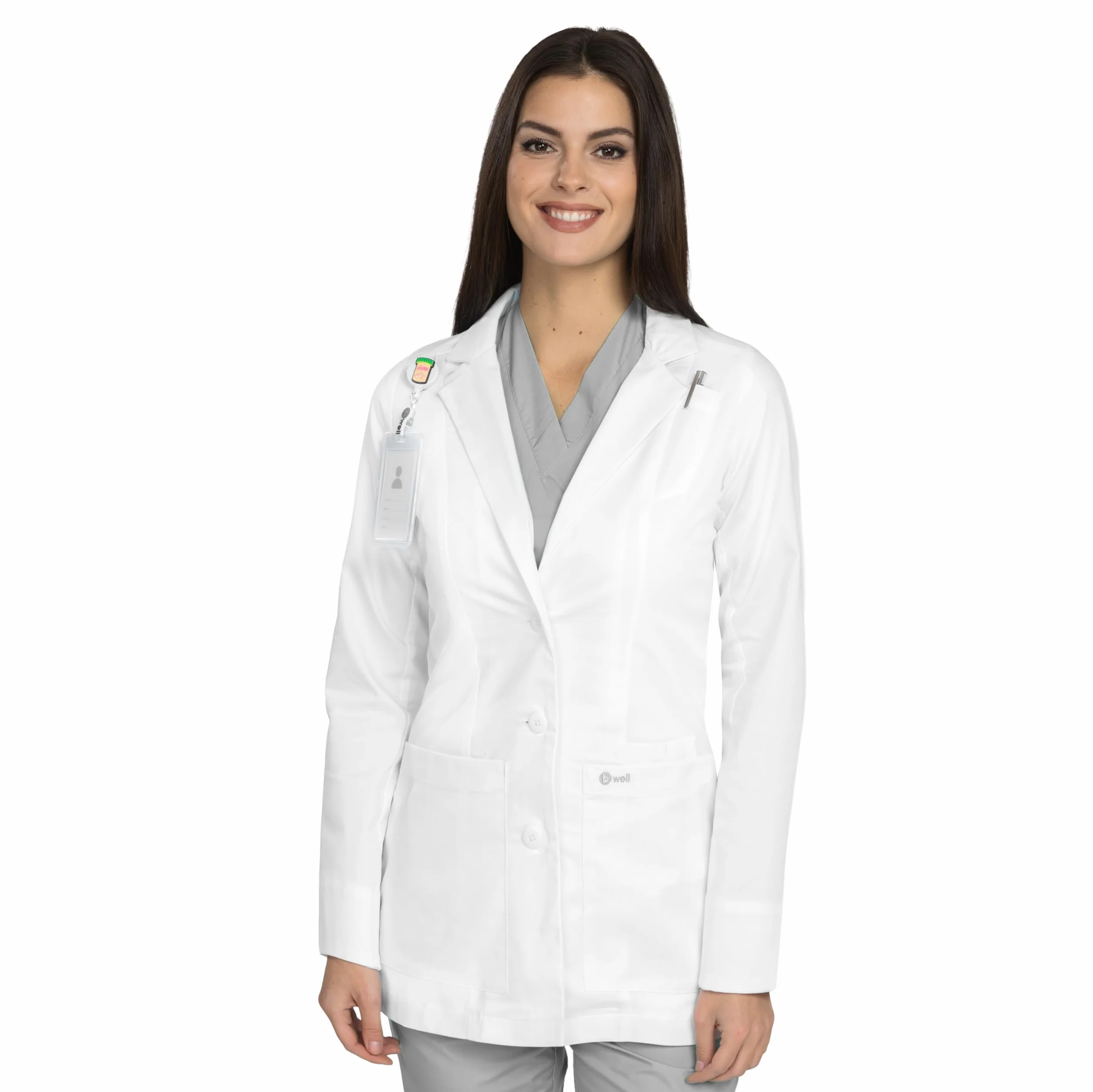 B-well Livia - Bata médica corta para mujer, color blanco, con cuello de solapa, manga larga, 3 bolsillos, tira de botones, para enfermería y clínica