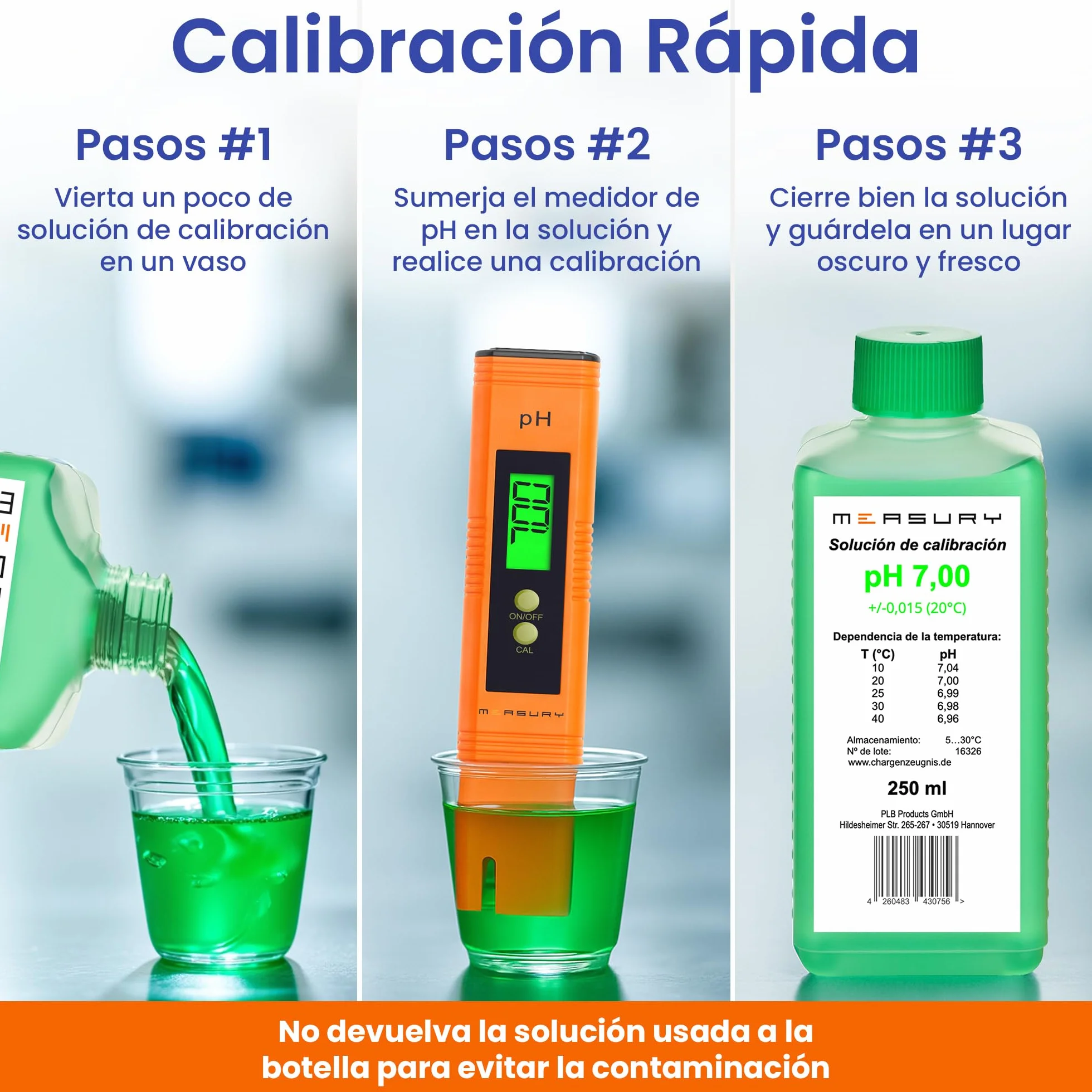 Measury Solución de calibración de pH 7.00 y 10.00 – Fabricado en Alemania, solución tampón pH por 250 ml, solución de calibración verde/azul, juego de líquido de calibración