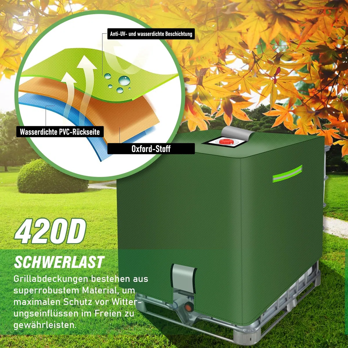 MaxAwe Cubierta para depósito de agua IBC de 1000 L, con cierre de velcro y tiras reflectantes, 420D, impermeable, cubierta protectora IBC, color verde