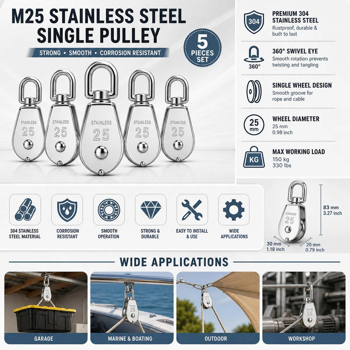 Starvast - Polea simple M25 de acero inoxidable 304 – M25 – Polea de elevación – Capacidad de la polea 150 kg – Plata