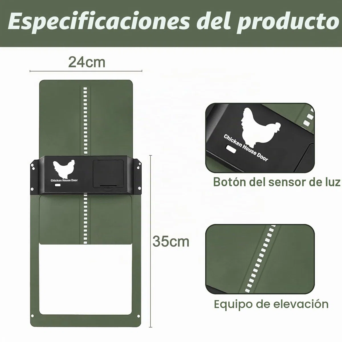 Puerta Automática para Pollos con Corredera y Rieles Guía - Abridor Eléctrico para Gallinero, Cría Segura (Verde)