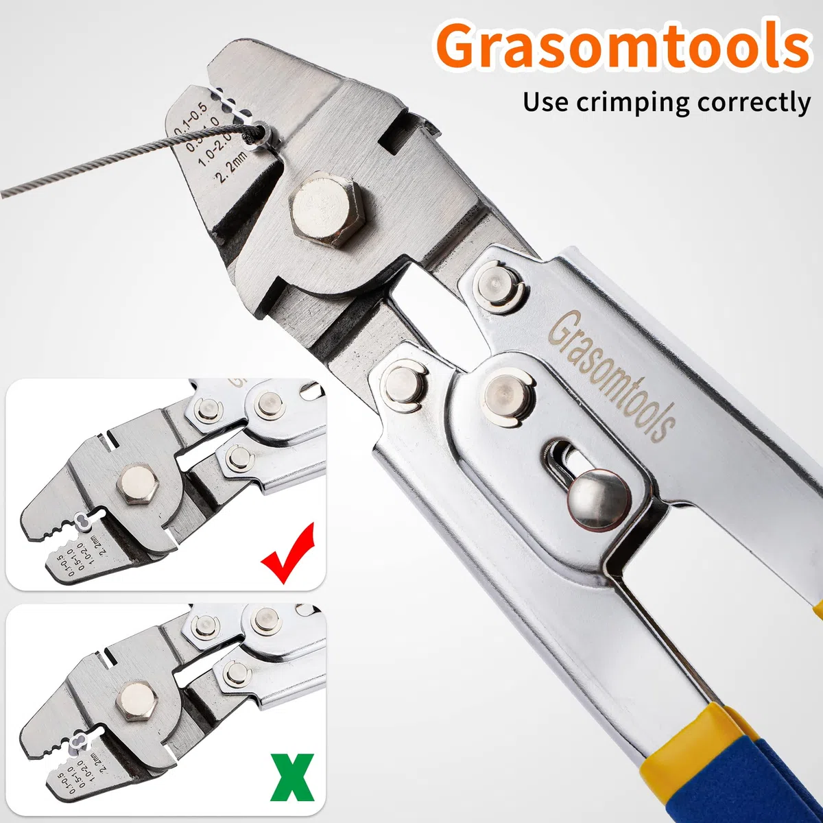 Herramienta de prensado de cable de acero, prensas de hasta 2,2 mm con 160pcs 4sizes aluminio doble barril ferula prensado lazo manga y 15pcs dedal de acero inoxidable