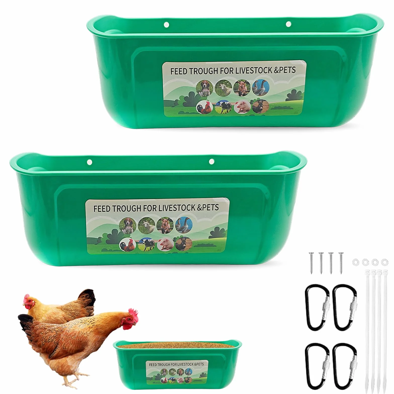 2 comederos para pollos, con clips, versátil, para colgar en vallas, para patos, gansos y otras aves de corral (verde oscuro)