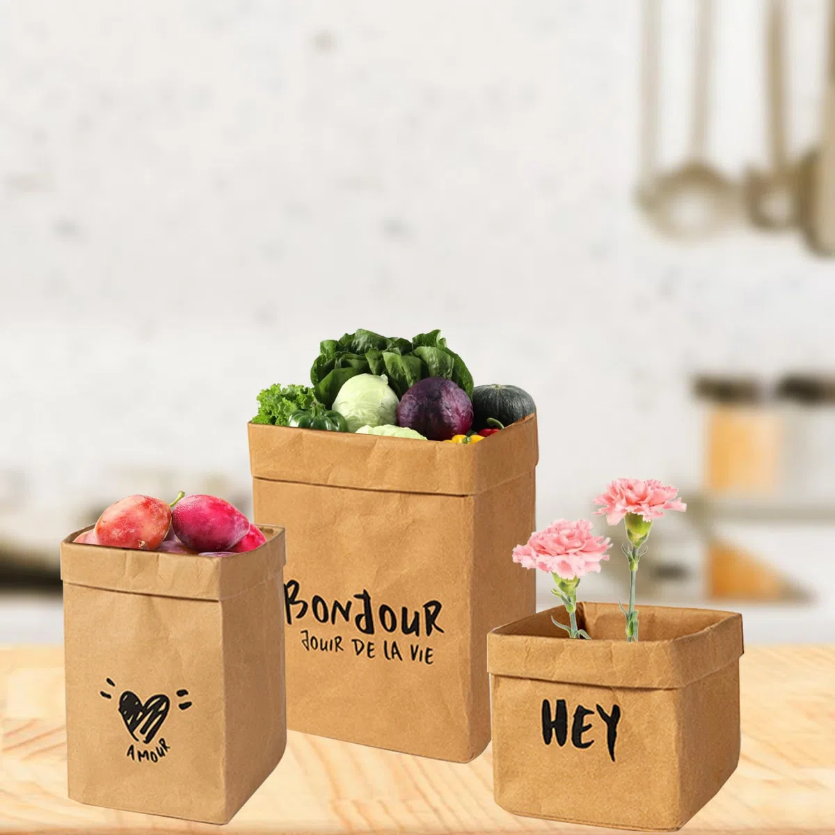 Bolsa de verduras para dulces, bolsa de producto reutilizable, recipiente de papel kraft lavable, maceta, maceta, contenedor de almacenamiento