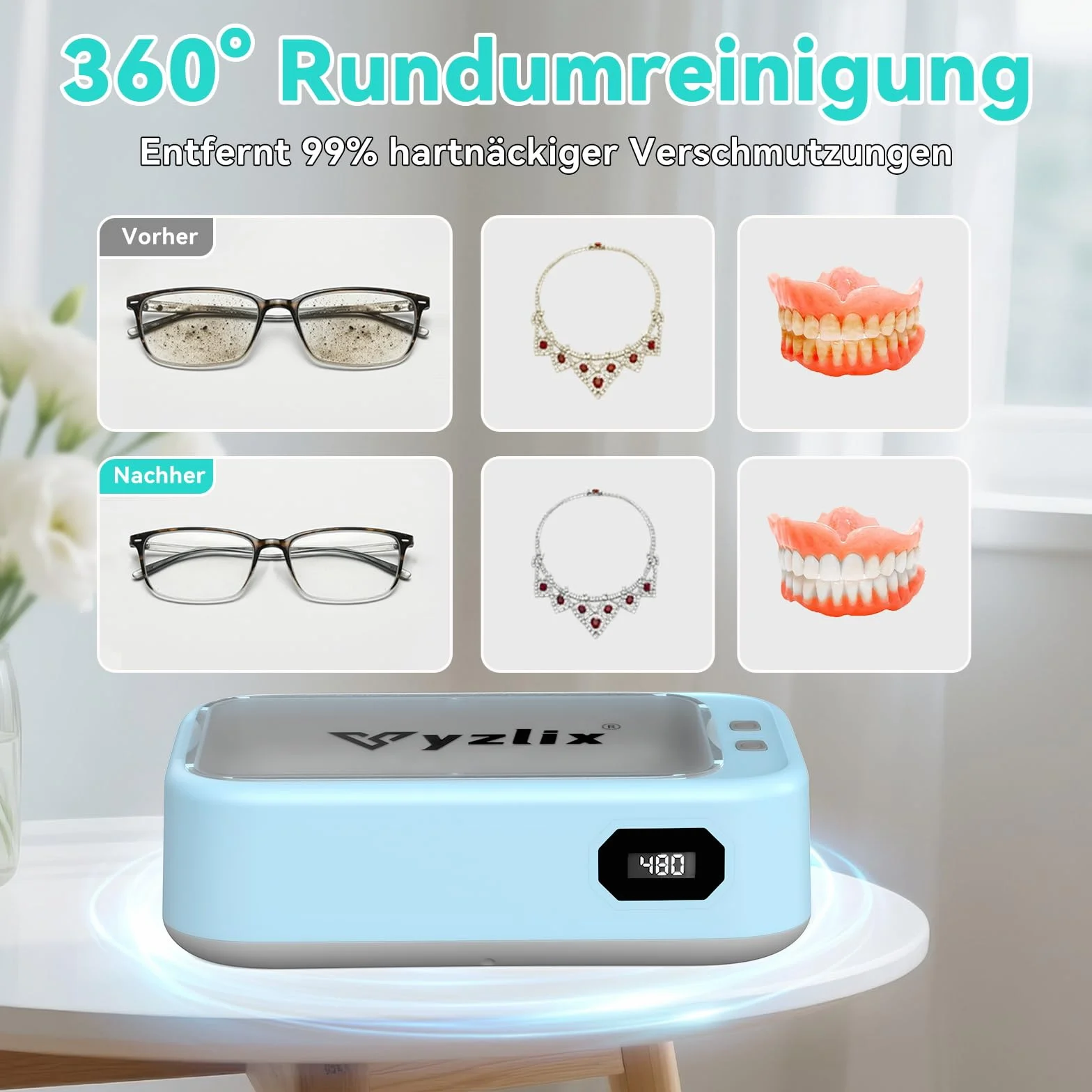 Limpiador Ultrasonidos, 640ml Ultrasonidos Limpieza con 5 modos, 40W Limpiador Ultrasónico, 49000 HZ Ultrasonic Cleaner para Joyas, Gafas, Relojes, Dentaduras, con Pinzas y Paño de Limpieza（azul）