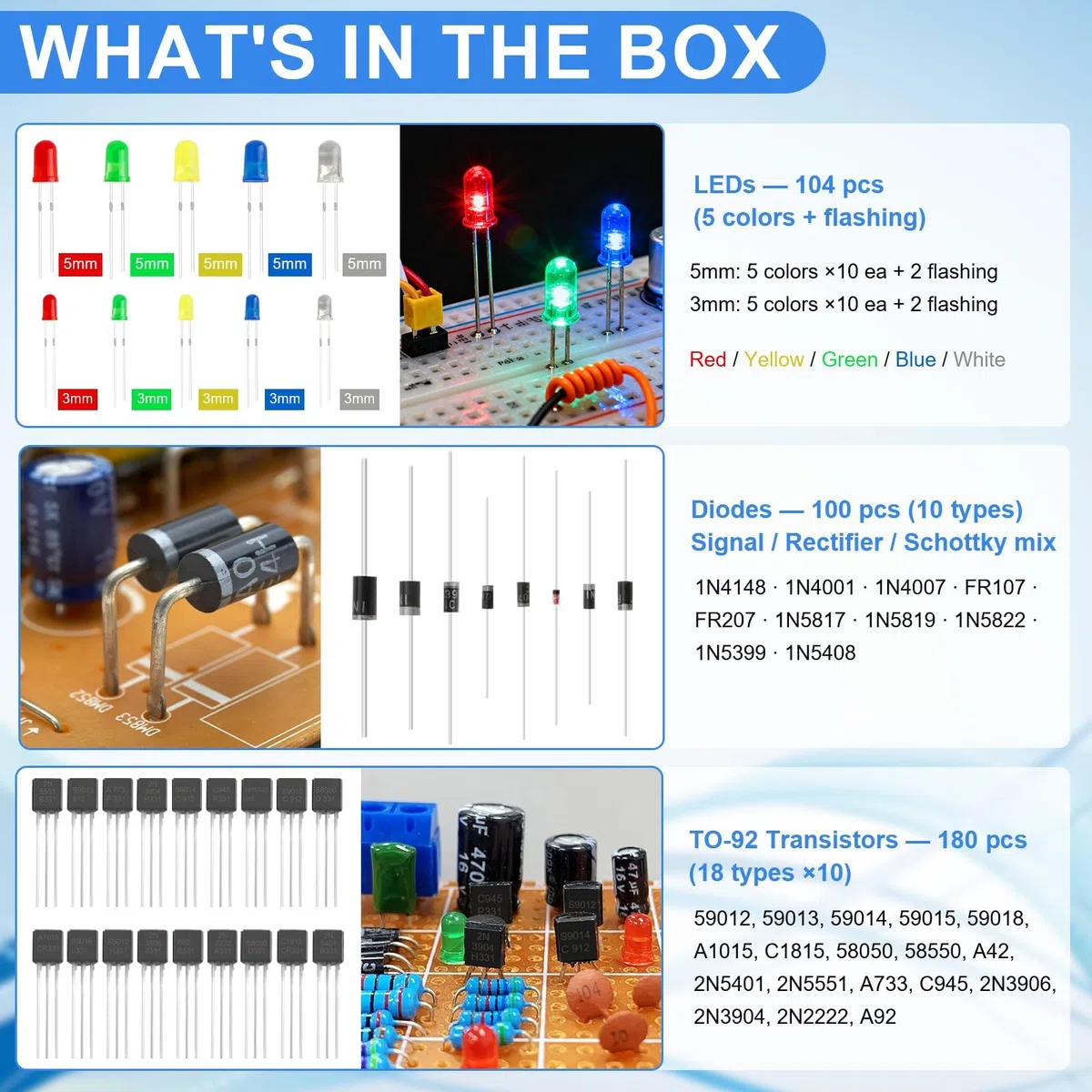 1530 Piezas Kit de Componentes Electrónicos con Resistencia de película metálica,Condensador,Diodo,Diode LED,Transistore,Cables Dupont,Cable Jumper y Breadboard, para UNO R3