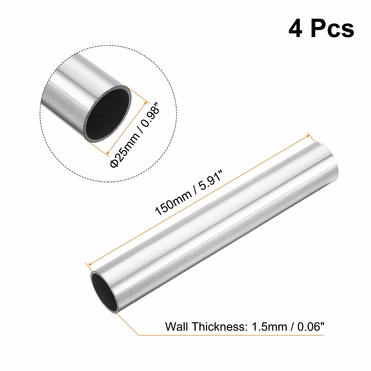 QUARKZMAN 4uds 304 Inoxidable Acero Tubo, OD 25mm x 1,5mm Pared Grueso 150mm Longitud Capilar Metal Tubo para Industria Maquinaria