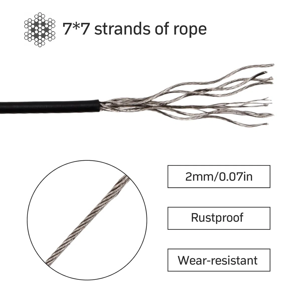 50m Cuerda de Alambre de Acero Inoxidable, Cable de Acero 3mm Recubierto PVC 7x7 con 8 Abrazaderas Cuerda, 20 Virolas de Aluminio, Suspensión Cable de Metal Tendedero Jardín Exteriores (Plata-3mm)