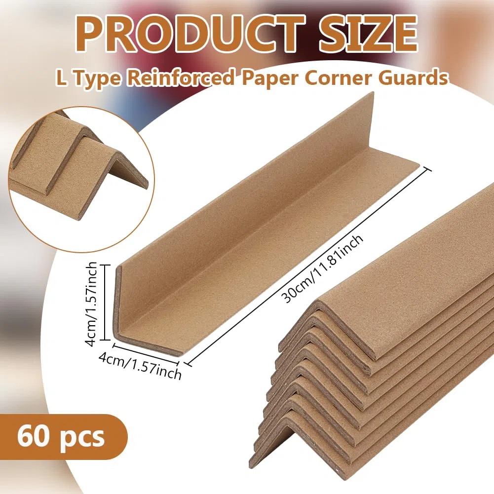 BENECREAT Paquete de 60 protectores de esquina de cartón de 300 x 40 x 40 mm, protectores de bordes de cartón reforzados de 4 mm de grosor, protección de esquina reforzada para embalaje, envío
