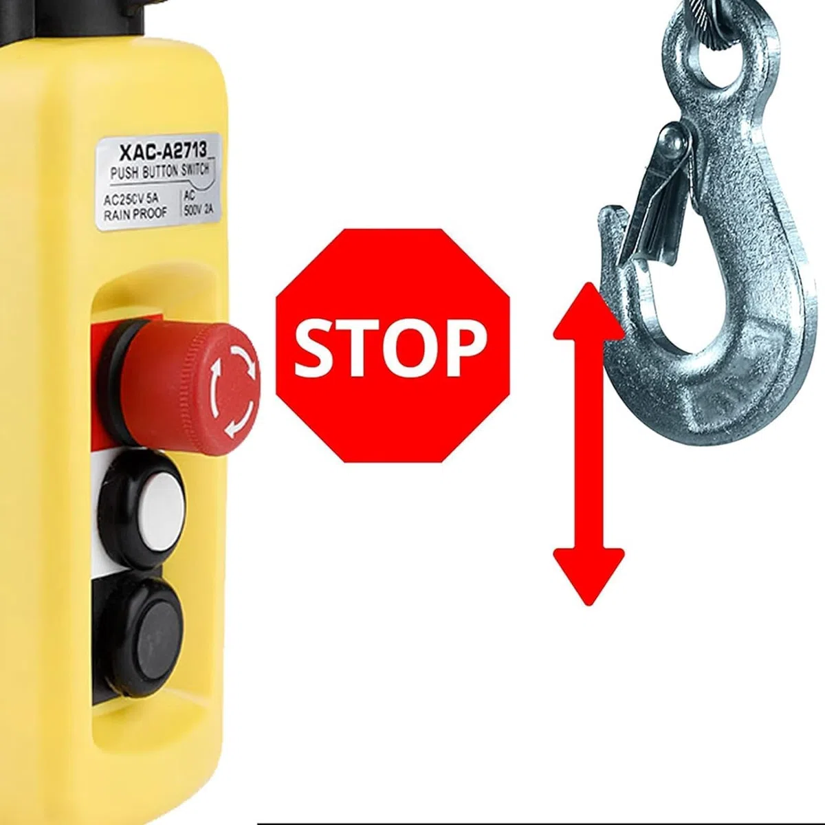 Jadeshay Interruptor de Botón de Grúa,Interruptor de Control de Elevación de Grúa 250V-500V 2A-5A Controlador de Elevación de Suspensión con Parada de Emergencia y 2 Botones para Puertos y Muelles