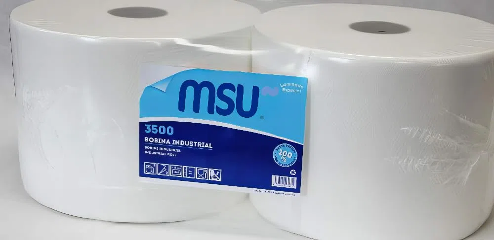 MSU - Bobina Papel Secamanos Industrial Laminado | 100% Celulosa Virgen Alta Absorción | Elegante Blanco, Sostenible | Pack 2,unidades | Celulosa virgen 100%, 345 m por bobina, 857 servicios, 2 capas, gofrada