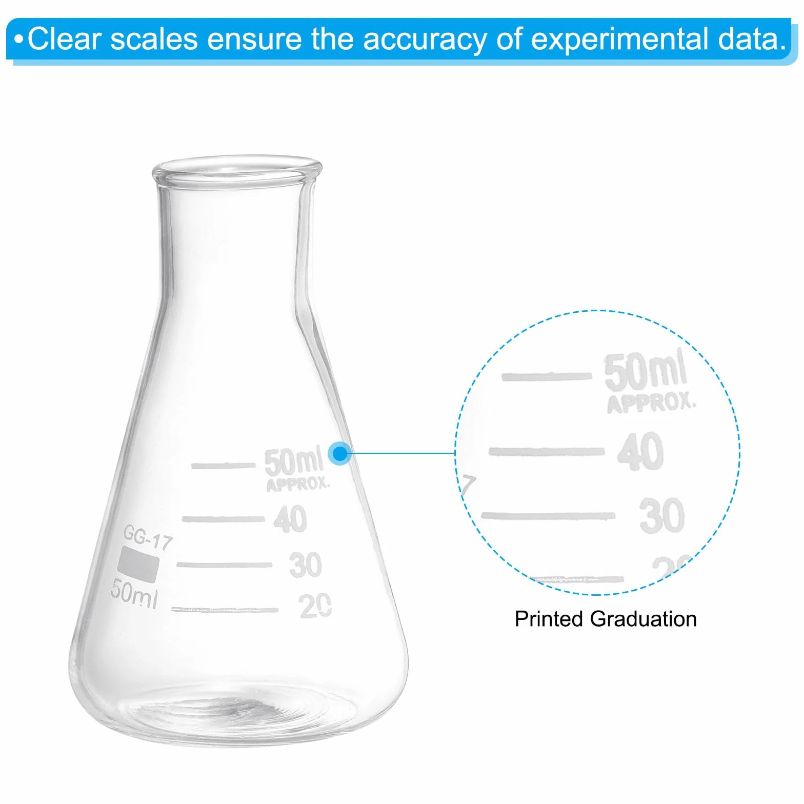 PATIKIL Matraz Erlenmeyer 6 Piezas 50Ml con Boca Estrecha Y Graduado Impreso de Vidrio de Borosilicato para Laboratorio Experimentos Química Estudio Científico