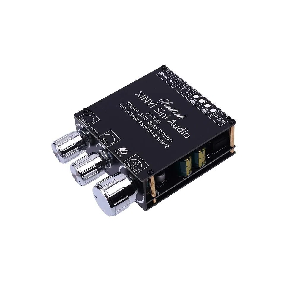 Tablero amplificador Bluetooth, DC 5V-26V amplificador de audio módulo 2.0 canal 50W* 2 BLE5.0 agudos graves AUX/U-disco de audio APP controlador