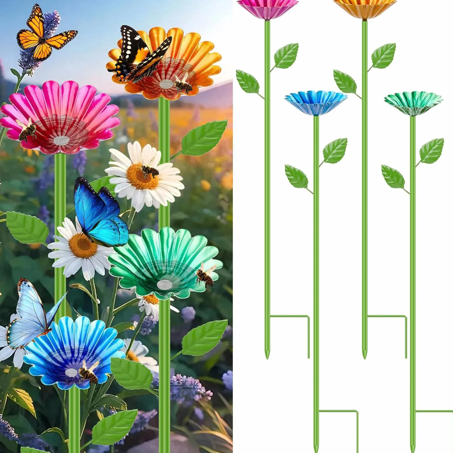 ZONSUSE Estación de Agua para Abejas Jardín, Bebedero para Abejas, Comedero para Mariposas y Baño de Insectos, Estacas de Flores de Metal, Estación de Riego Decoración Exterior Regalo (4 Unidades)