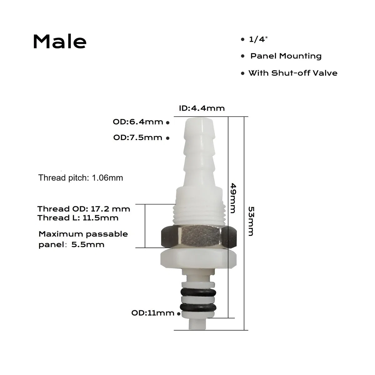 1/4 "3/8" 5/16 "conexión de desconexión rápida en forma de horquilla de mangueras de plástico, panel con conexión rápida de la válvula de corte del tabique (1 macho + 1 hembra) (1/4")