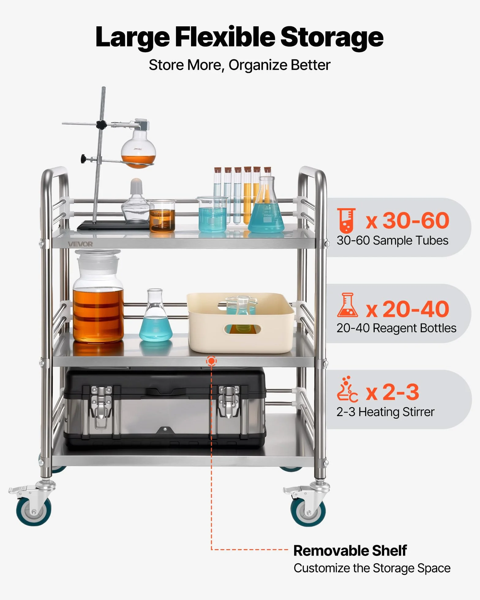 VEVOR Carro de Laboratorio de Acero Inoxidable 3 Niveles con Ruedas Bloqueables, Bandeja de Almacenamiento Móvil Resistente para Hospitales, Restaurantes, Cocinas, Salones, 615 x 410 x 870 mm