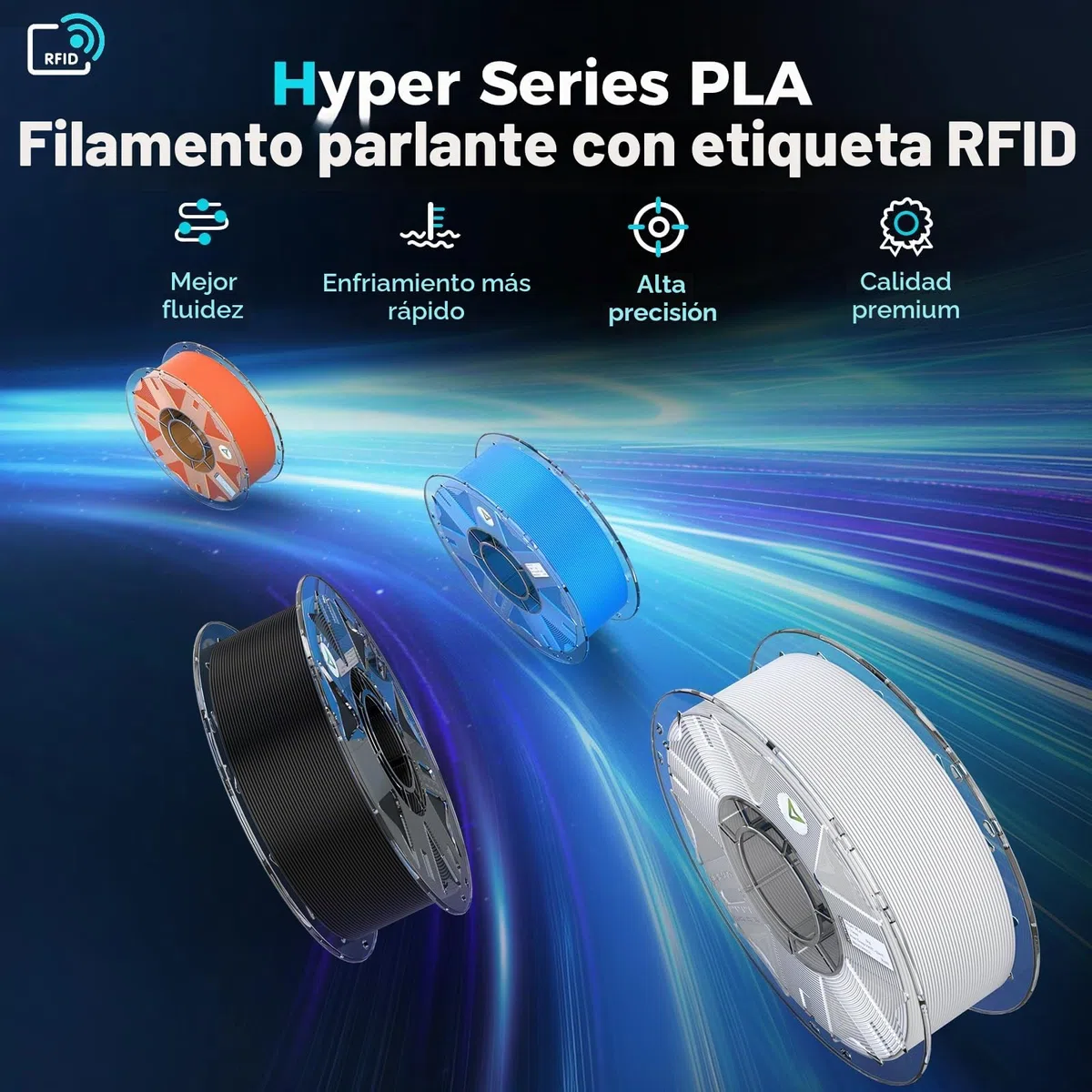 Creality PLA Filament,Hyper PLA RFID Para Impresora 3D, Alta Velocidad 30-600 mm/s, Bobina de 1kg(2,2 lb) Con Soporte CFS,for Con K2 Plus Combo y la Mayoría de Impresoras 3D,Blanco