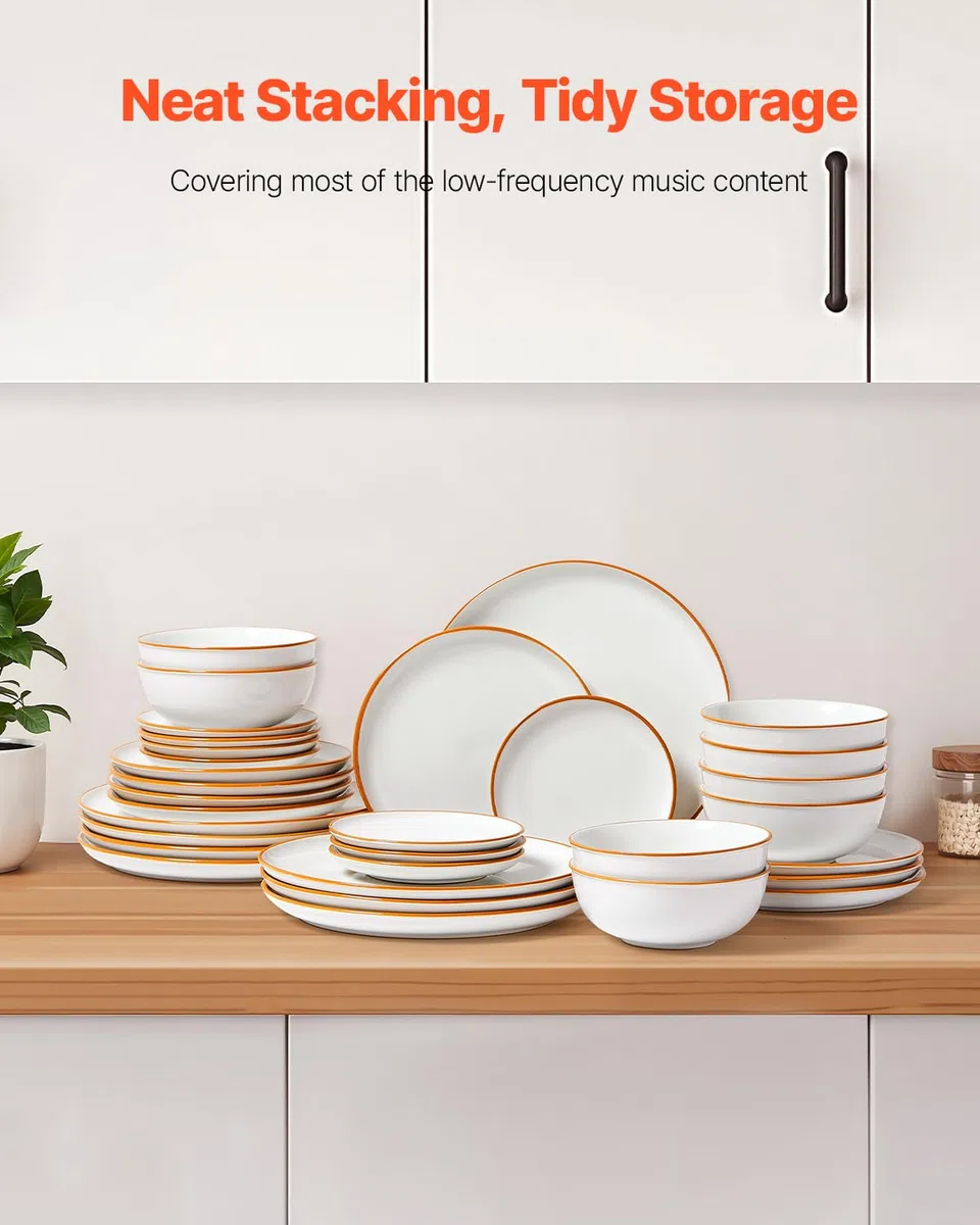 VEVOR Vajilla para 8 Personas, Platos y Cuencos Redondos, Cerámica Resistente a Arañazos, Apta para Lavavajillas y Microondas, Ideal para Postres, Ensaladas, Sopas y Pastas, Color Blanco, 32 uds