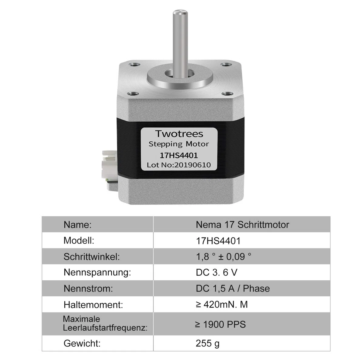 Twotrees Motor paso a paso Nema 17 Motor High Torque 1.5A (17HS4401) 42N.cm (60oz.in) 1.8 grados 38MM 4 conductores con cable de 1 my conector para impresora 3D