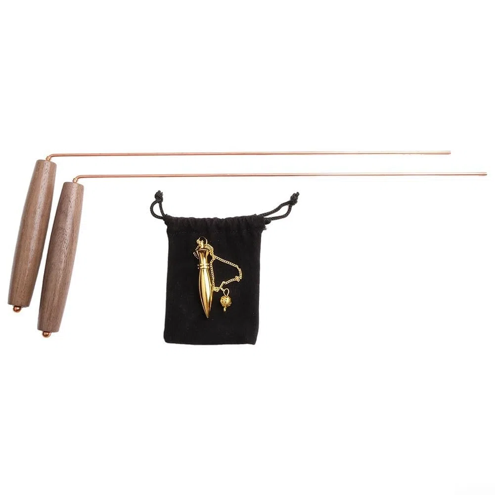 Varillas de radiestesia de cobre, mango de nogal + péndulo, 99.9% de varilla de sonda de cobre, instrumentos de medición de divinización de agua