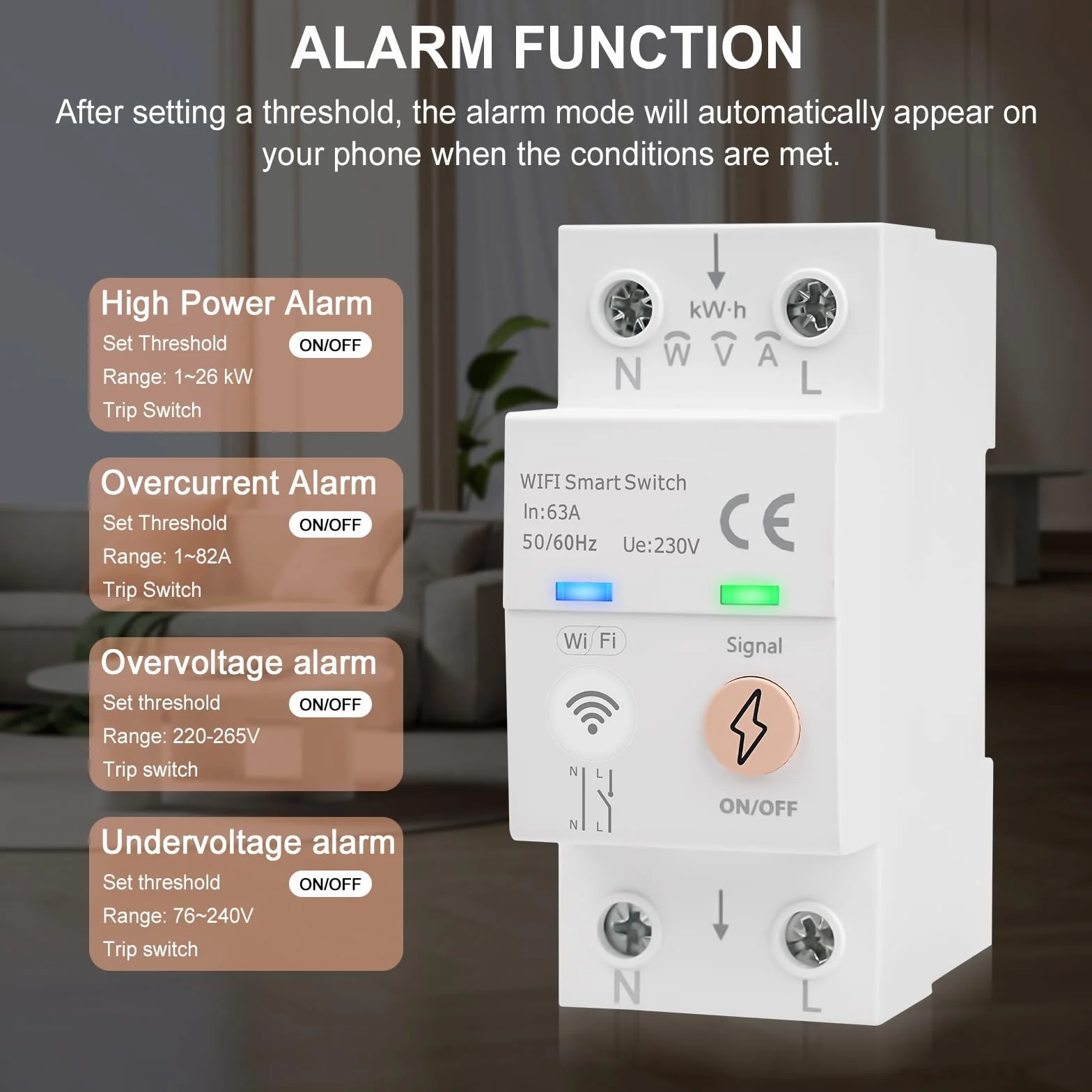Disyuntor Inteligente WiFi Tuya Smart life APP Mando a Distancia Interruptor Inteligente 63A 80-300VAC Interruptor WiFi Control por voz medición de energía, temporizador (Versión en inglés)