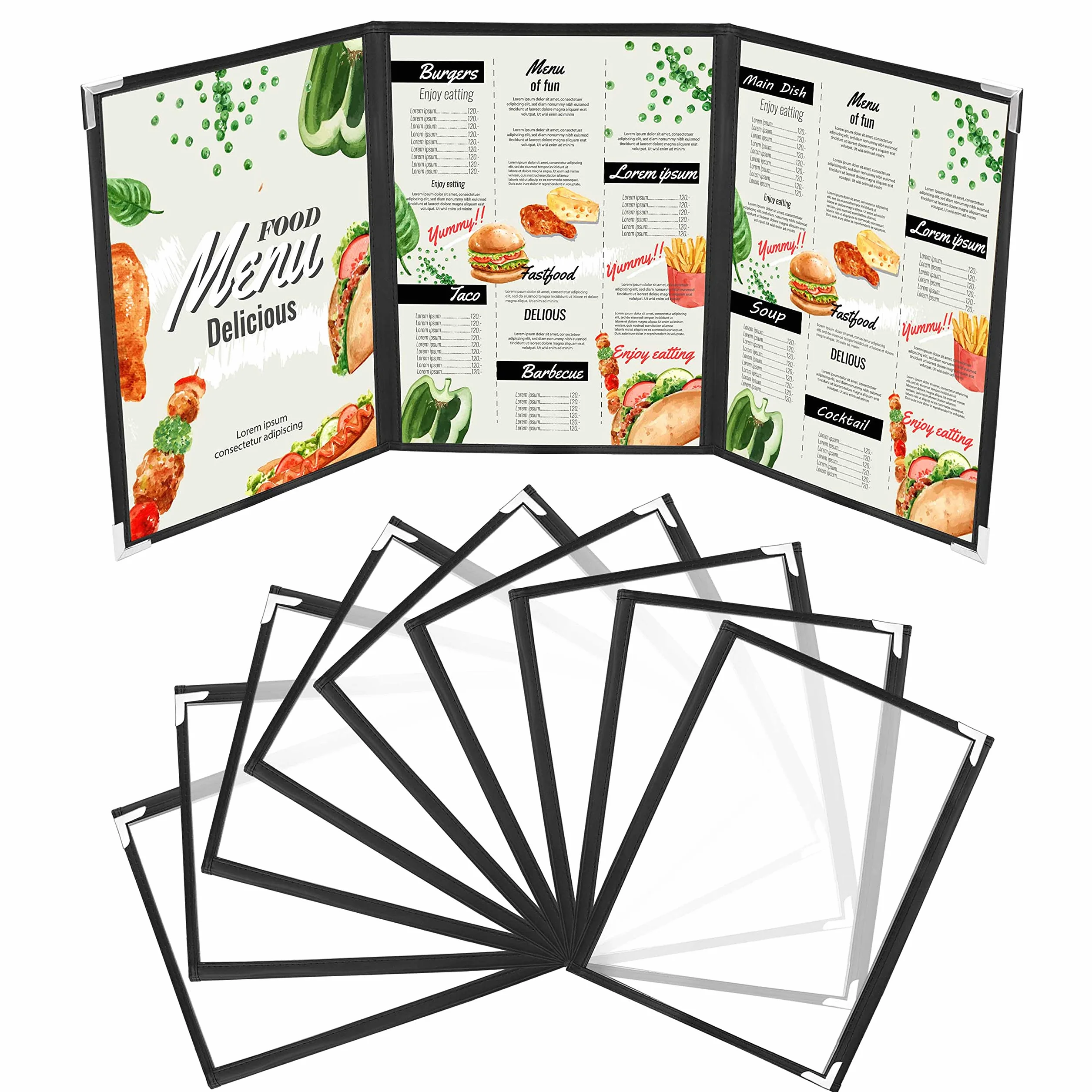 Kurtzy Funda para Cartas de Restaurantes Tres Pliegues A5 (Pack de 10) - 3 Pliegues Vista Doble Estilo Americano - Fundas de Cartas Negras Protectores de Esquina – Para Restaurantes, Bares, Cafés
