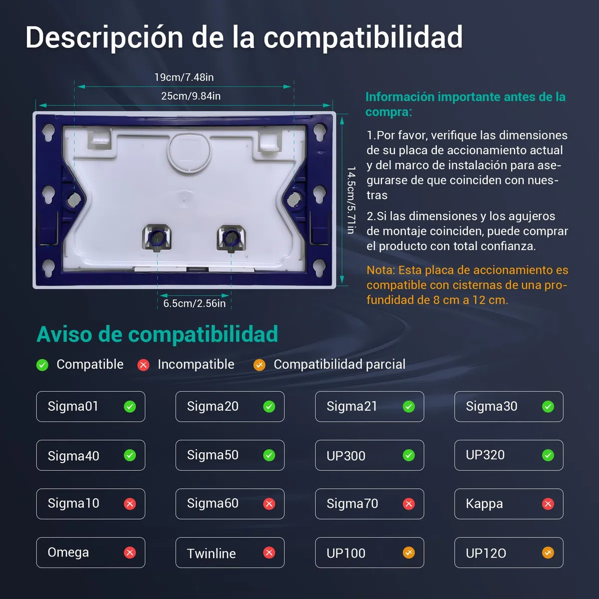 Empyreal placa actuador reemplazo panel frontal de cisterna de inodoro, con juego de varillas de descarga y marco de fijación, para Geberit Sigma 20, descarga doble, 1 unidad (Anillo negro y negro）