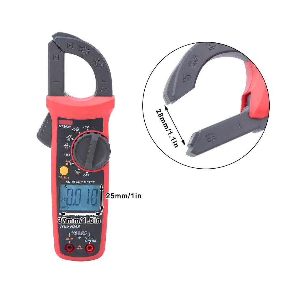 UT202 Plus Pinza amperimétrica portátil de mano con rango automático True RMS, tamaño de apertura de mandíbula de 28 mm, con pantalla LCD retroiluminada grande, para elect