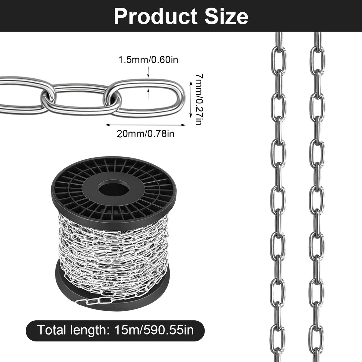 Cadena de acero inoxidable por metro 15M, cadena de acero de 1,5 mm, cadena de metal para colgar con carrete, cadena de eslabones de acero inoxidable para colgar lámparas, bolsas de arena, hamacas