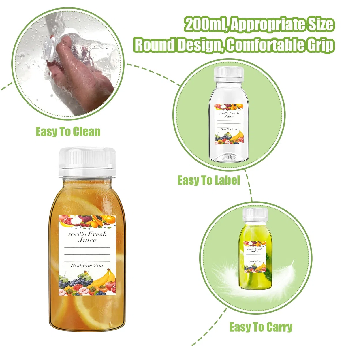 Botellas de jugo de plástico de 200 ml, botellas pequeñas de 100 ℃ con tapas, sin BPA, reutilizable, con tapas, mini chupito de jengibre vacío para jugo de leche, batido, agua, mini refrigerador
