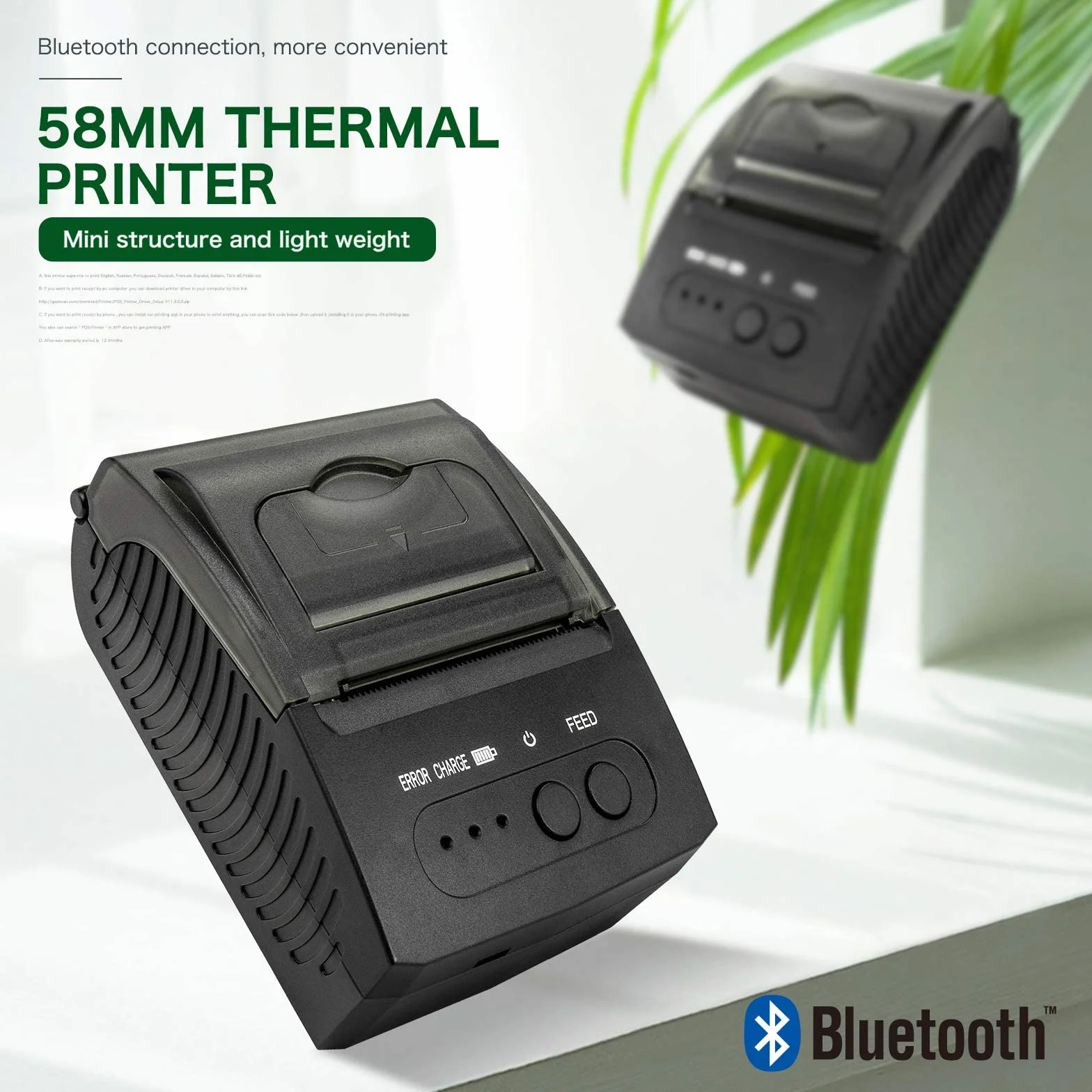 NETUM Bluetooth Impresora de Recibos, Mini Impresora Térmica Portátil de 58mm Sin Estuche de Transporte, Compatible con Android/Windows NT-1809