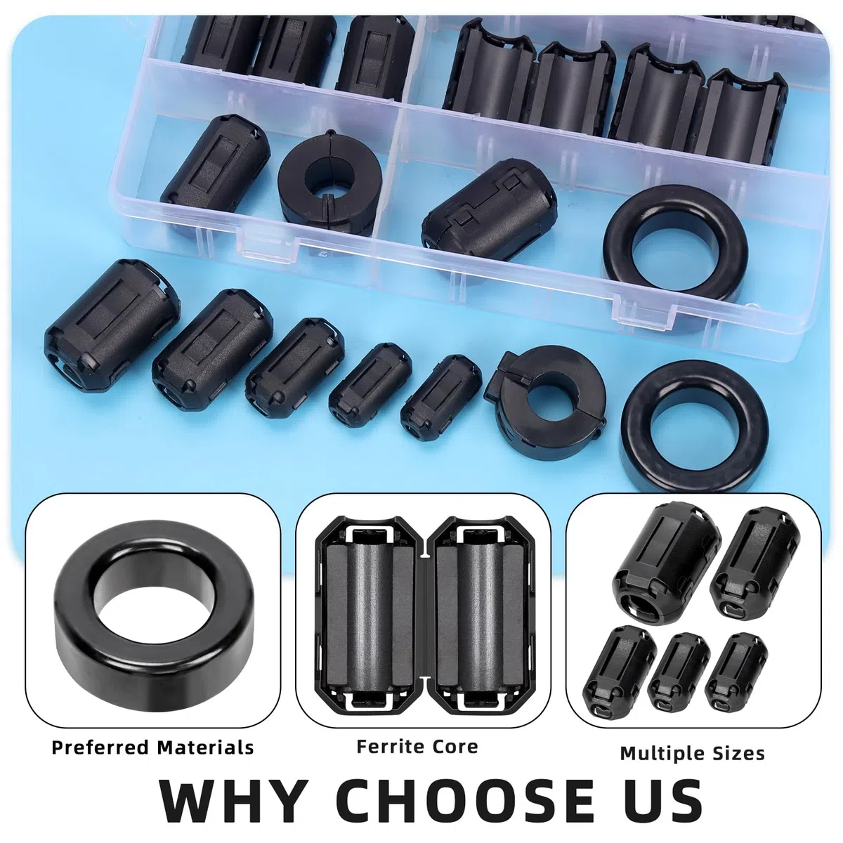 Glarks 32pcs Black Clip-on Ferrite Ring Core Set Incluye 28pcs 3.5/5/7/9/13MM Clips de cable de diámetro interno Clips de cable de supresor de ruido RFI EMI 2pcs Toroid Cores 2pcs Ferrite Cores