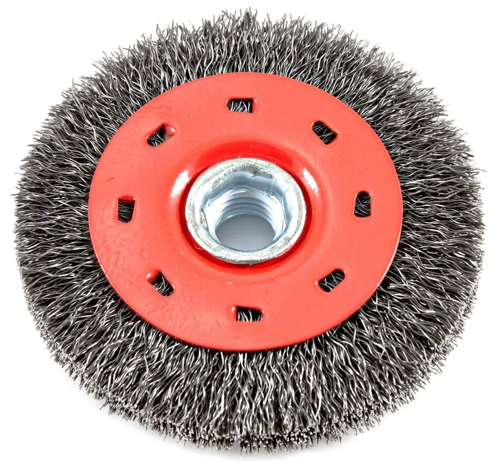 Forney 72788 Cepillo de rueda de alambre, grueso prensado con eje roscado de 5/8 pulgadas-11, 4 pulgadas por 0.014 pulgadas