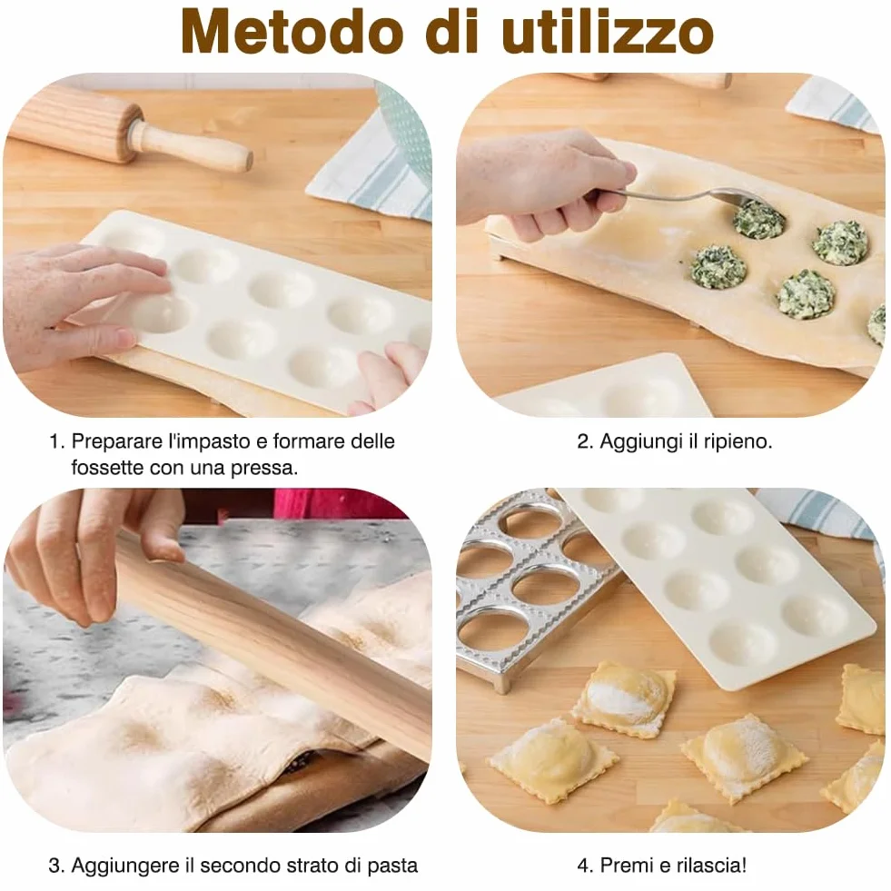 Ravioli - Juego de prensa para raviolis (4 piezas, acero inoxidable, con cortador redondo y cuadrado de 40 mm (12 orificios), incluye rodillo, espacio de llenado generoso para raviolis frescos y