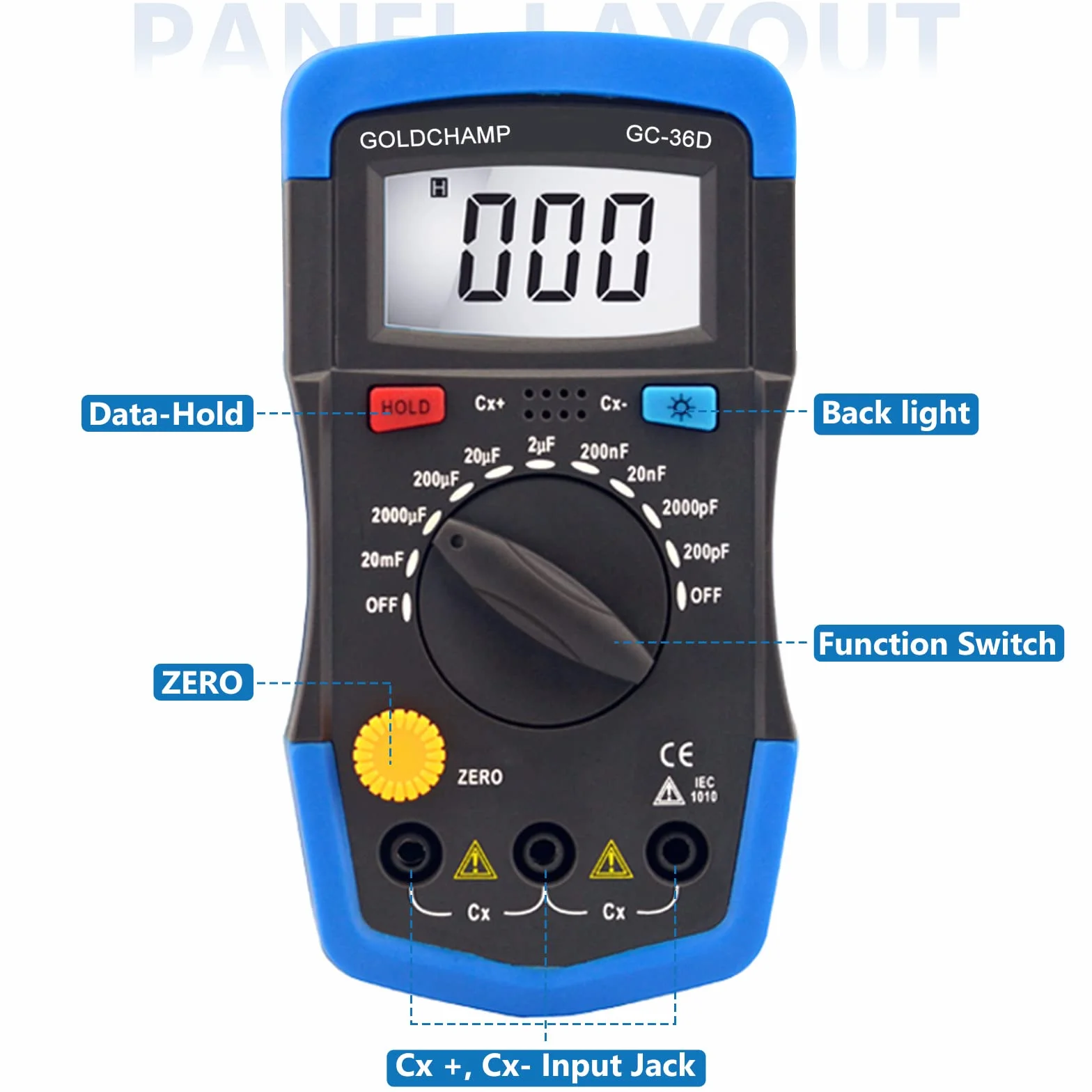 Medidor de capacidad digital, medidor de capacidad de GoldchAMP 0,1pF – 20.000uF – Herramienta de medición con retroiluminación LCD máx. 1999