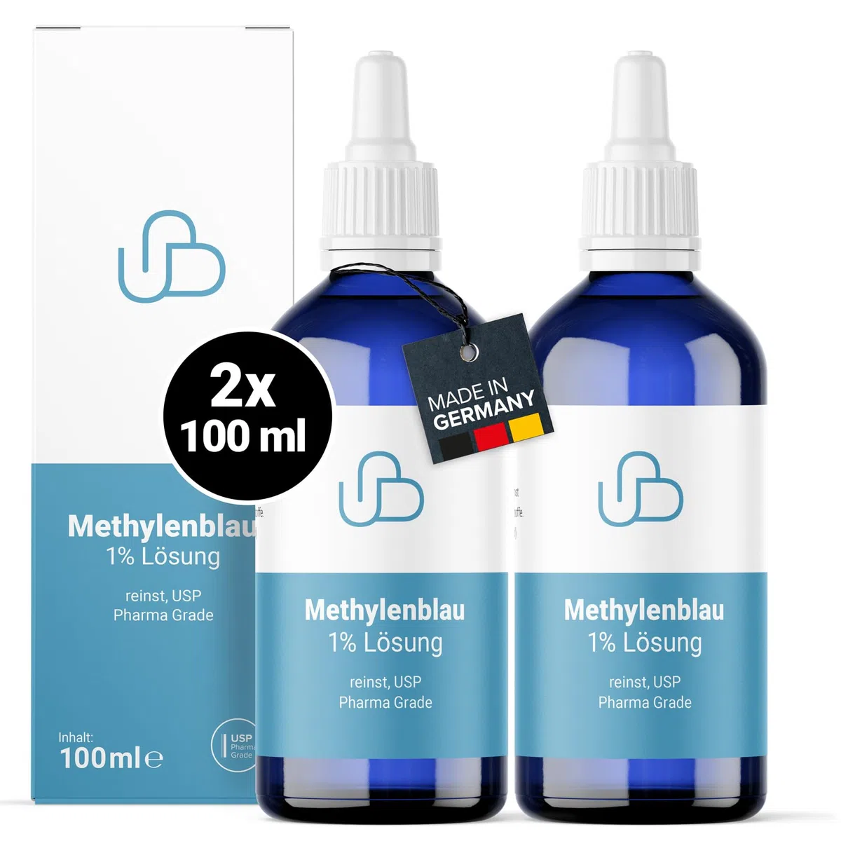 Solución de Azul de Metileno al 1% de calidad farmacéutica USP pura, 2x 100 ml de solución acuosa, sin aditivos, calidad verificada en laboratorio - fabricada en Alemania
