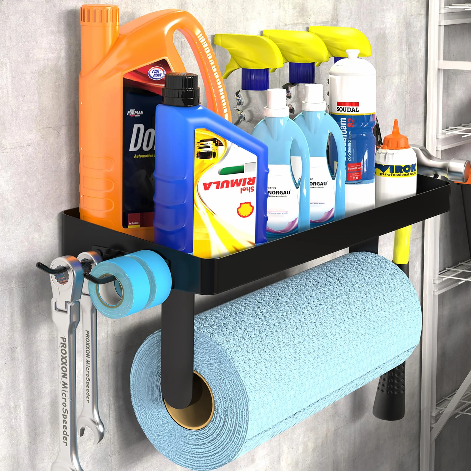 ZUNTO Soporte para Toallas de Papel de Garaje con Estante, Soporte para Toallas de Papel, Soporte de Pared, organización y Almacenamiento de Garaje, toallero de Papel de Acero Inoxidable con Ganchos