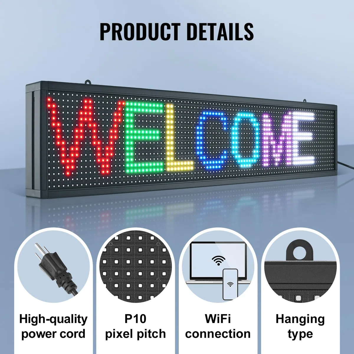 VEVOR Señal Luminosa LED Programable, Panel de Visualización Desplazable a Todo Color P10, Panel Publicitario de Texto Personalizado, Control WiFi USB, para Tienda, Bar, Publicidad, 131x19 cm